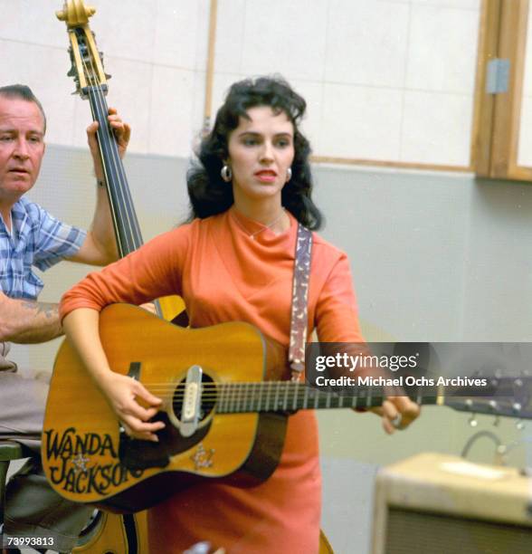 Country and rockabilly singer Wanda Jackson in the Capitol Records recording studios circa 1960, in Los Angeles, California.