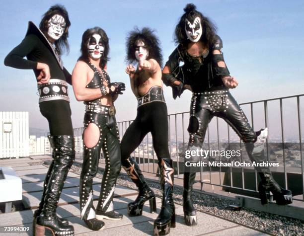 Ace Frehley, Paul Stanley, Peter Criss, and Gene Simmons of the rock and roll band Kiss pose for a portrait session in January 1975 in Los Angeles,...