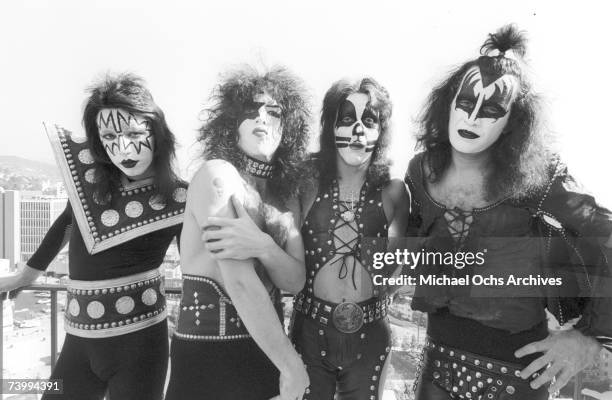 Ace Frehley, Paul Stanley, Peter Criss, and Gene Simmons of the rock and roll band Kiss pose for a portrait session in January 1975 in Los Angeles,...