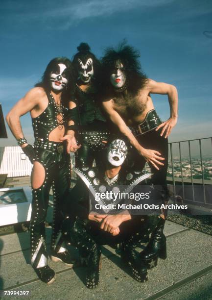 Ace Frehley, Paul Stanley, Peter Criss, and Gene Simmons of the rock and roll band Kiss pose for a portrait session in January 1975 in Los Angeles,...