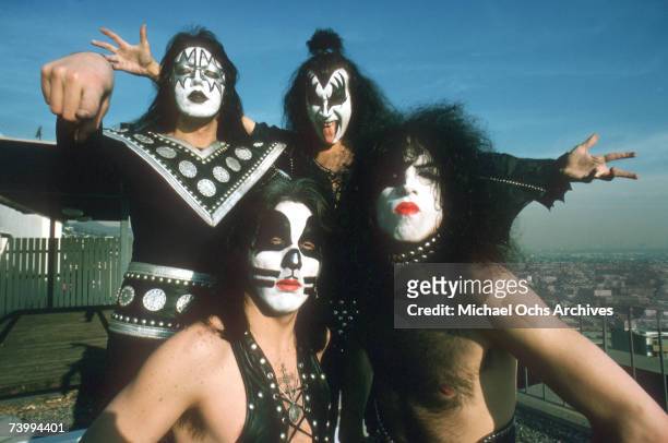 Ace Frehley, Paul Stanley, Peter Criss, and Gene Simmons of the rock and roll band Kiss pose for a portrait session in January 1975 in Los Angeles,...