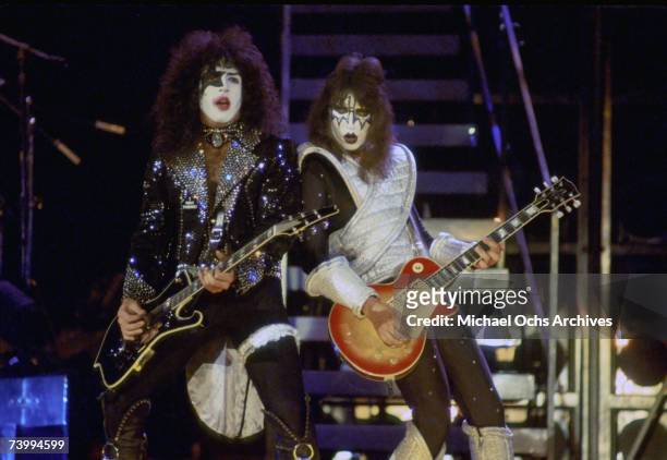 Paul Stanley and Ace Frehley of the rock and roll band Kiss performs onstage in circa 1977.