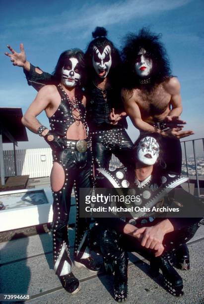 Ace Frehley, Paul Stanley, Peter Criss, and Gene Simmons of the rock and roll band Kiss pose for a portrait session in January 1975 in Los Angeles,...