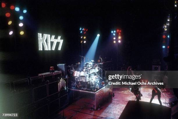 Peter Criss, Ace Frehley, Gene Simmons, and Paul Stanley of the rock and roll band Kiss performs onstage in circa 1977.