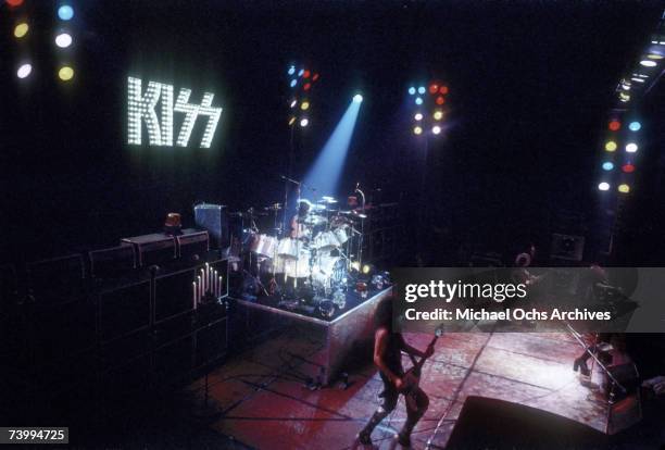 Peter Criss, Paul Stanley, Ace Frehley and Gene Simmons of the rock and roll band Kiss performs onstage in circa 1977.