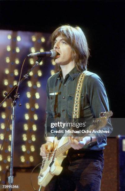 Rock and roll musican Nick Lowe performs on stage on a TV show in 1979 in Los Angeles, California.