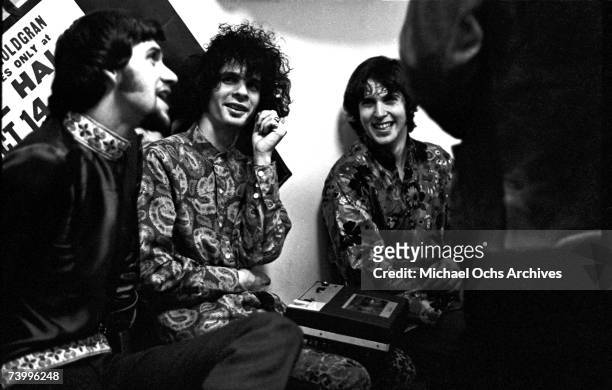 Jerry Miller of the rock and roll group "Moby Grape" and musician Al Kooper chat backstage at Cafe Au Go Go on November 21, 1967 in New York, New...