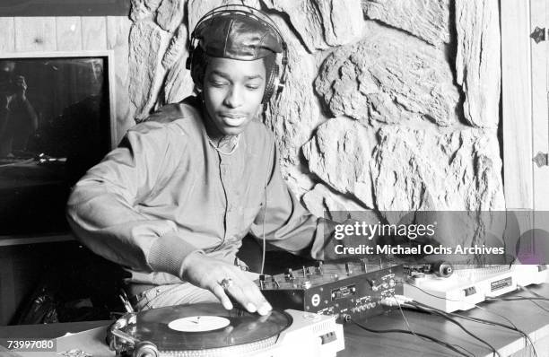 Manipulating sounds using twin turntables and a mixer, circa 1985.