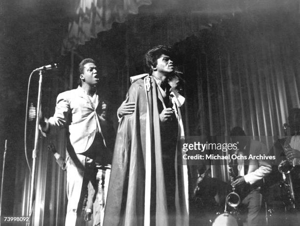 Soul singer James Brown performs at the Apollo Theatre in New York, New York.