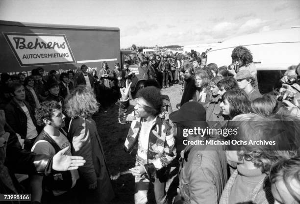 Rock guitarist Jimi Hendrix arrives at his last concert on September 6, 1970 in Isle of Fehmarn, Germany.
