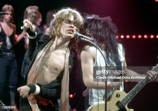 Singer David Johansen, guitarist Johnny Thunders, drummer Jerry Nolan, bassist Arthur Kane, and guitarist Sylvain Sylvain of the rock and roll group...