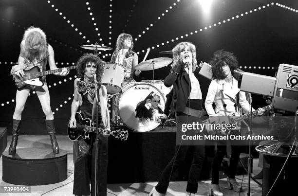 Singer David Johansen, guitarist Johnny Thunders, drummer Jerry Nolan, bassist Arthur Kane, and guitarist Sylvain Sylvain of the rock and roll group...