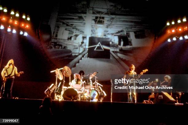 British rock band Pink Floyd (L-R David Gilmour, Nick Mason, Roger Waters and Rick Wright perform live at the Los Angeles Memorial Sports Arena in...