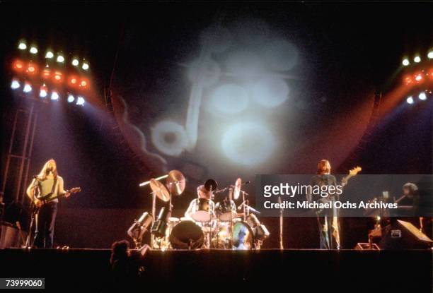 British rock band Pink Floyd (L-R David Gilmour, Nick Mason, Roger Waters and Rick Wright perform live at the Los Angeles Memorial Sports Arena in...