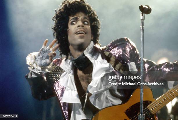 Pop rock impresario Prince performs onstage in 1985 in Los Angeles, California.