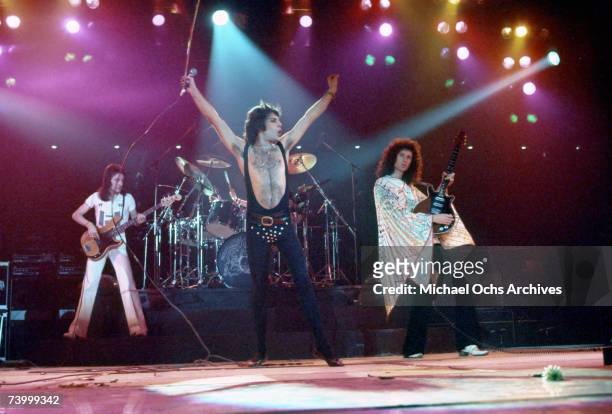 British rock band Queen perform in concert with Freddie Mercury wearing black leotard at the Forum on December 22, 1977 in Inglewood, California.