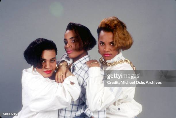 Cheryl "Salt" James, Deidra "Dee Dee" Roper aka Spinderella and Sandra "Pepa" Denton of the hip hop trio Salt-N-Pepa pose for a portrait in 1988.