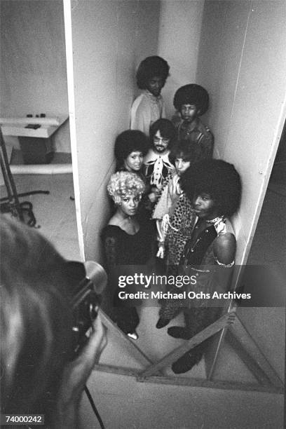 Psychedelic soul group "Sly & The Family Stone" pose for a portrait on March 26, 1969. Rosie Stone, Cynthia Robinson, Larry Graham, Freddie Stone,...