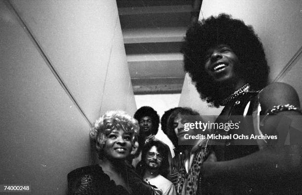 Psychedelic soul group "Sly & The Family Stone" pose for a portrait on March 26, 1969. Rosie Stone, Cynthia Robinson, Larry Graham, Freddie Stone,...