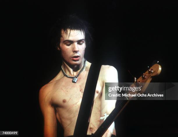 Bassist Sid Vicious of the punk band "The Sex Pistols" perform their last concert in Winterland on January 14, 1978 in San Francisco, California.