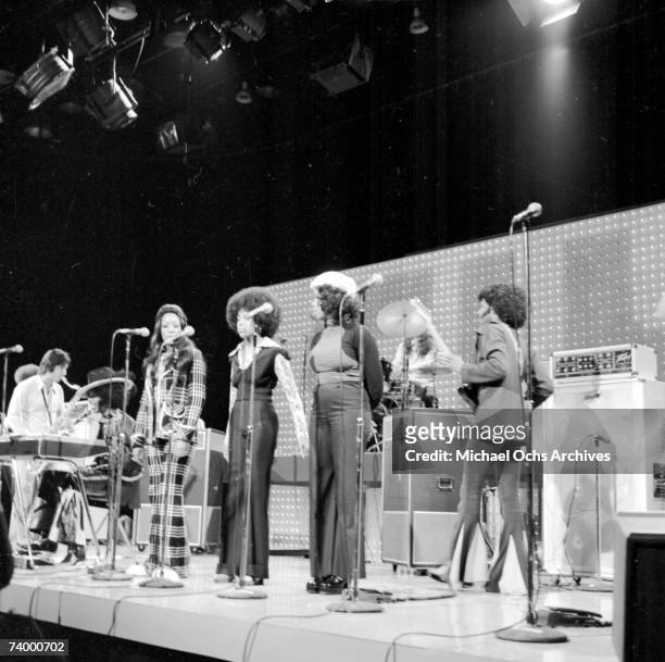 Psychedelic soul group "Sly & The Family Stone" performs on the TV show "The Midnight Special" on April 30, 1973 in Burbank, California.