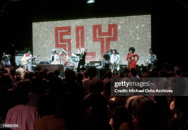 Psychedelic soul group 'Sly & The Family Stone' performs on the TV show 'The Midnight Special' in 1971 in Burbank, California.