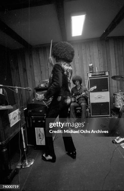 Psychedelic soul group "Sly & The Family Stone" records in the studio on April 3, 1973.