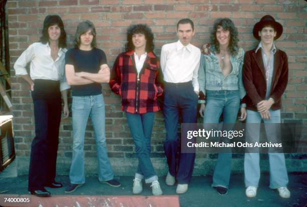 American rock group, Sparks, 1976. Left to right: bassist David Swanson, guitarist Jim McAllister, singer Russell Mael, keyboard player Ron Mael,...