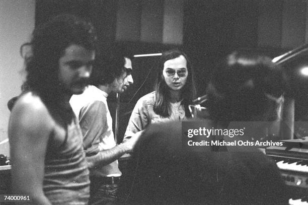 Donald Fagen and Walter Becker of the rock group "Steely Dan" record in the studio in circa 1975.