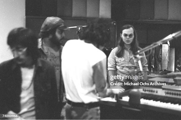 Donald Fagen and Walter Becker of the rock group "Steely Dan" record in the studio in circa 1975.