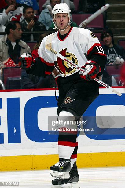 Jason Spezza of the Ottawa Senators celebrates his goal in the first period against the New Jersey Devils during Game 1 of the 2007 Eastern...