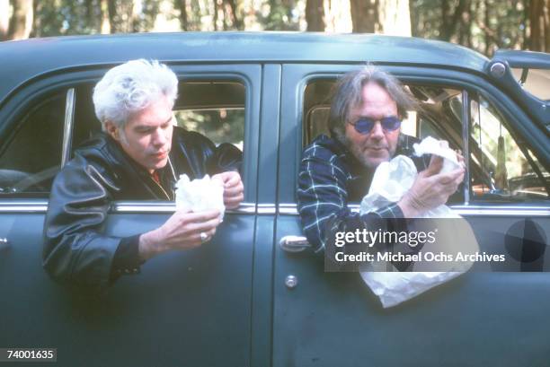 Year Of The Horse" director Jim Jarmusch and Canadian musician Neil Young pose for a portrait in February of 1996 in Los Angeles, California. "Year...