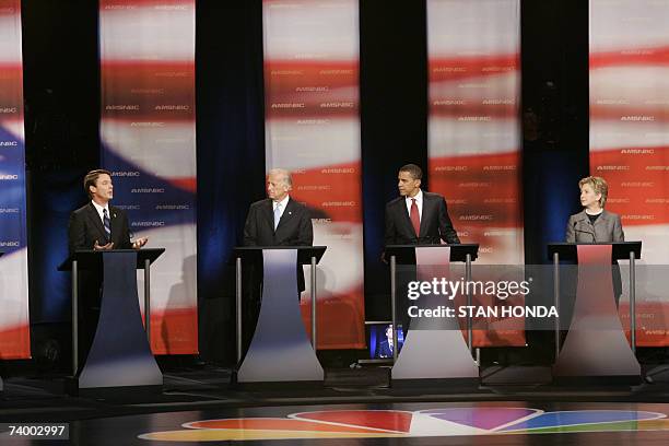 Orangeburg, UNITED STATES: Former US Senator John Edwards speaks as US Senator Joe Biden, US Senator Barack Obama and US Senator Hillary Rodham...