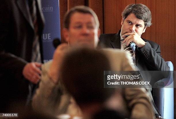 Franck Louvrier, communication advisor of French right-wing UMP presidential candidate Nicolas Sarkozy, attends a meeting between Sarkozy and French...
