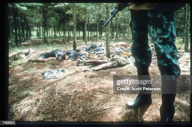 Skeletal remains strewn on the grounds of the Catholic mission May 5, 1994 in Rukara, Rwanda. Hundreds of Tutsis were killed at the Rukara Catholic...