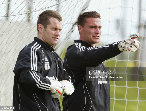 Shay Given and Steven Harper attend a Newcastle United training session on April 27, 2007 in Newcastle-upon-Tyne, England.