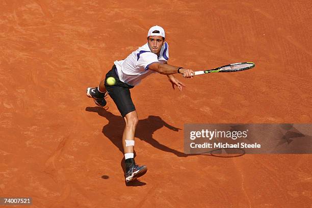 Potito Starace of Italy in action during his 2-6,5-7 Quarter Final defeat against Rafael Nadal of Spain on Day Five of the Open Seat 2007 at the Real...