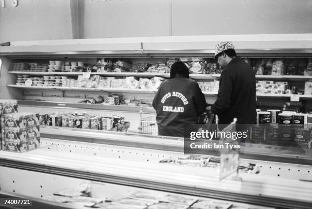 Planters Peanuts and other imported American goods on sale in the supermarket at the USAF base in Upper Heyford, Oxfordshire, 16th March 1981.