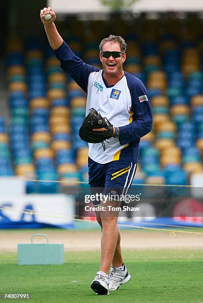 Sri Lanka coach Tom Moody laughs during a Sri Lanka team training session at the Kensington Oval on April 27, 2007 in Bridgetown, Barbados.