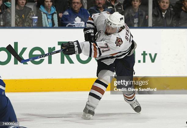 Petr Sykora of the Edmonton Oilers shoots against the Toronto Maple Leafs at Air Canada Centre on February 17, 2007 in Toronto, Ontario, Canada. The...