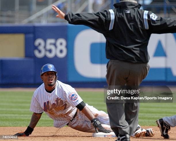 Jose Reyes of the New York Mets safe at second against the Atlanta Braves at Shea Stadium on April 21, 2007 in Flushing, New York.