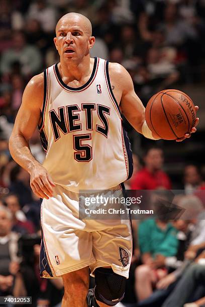 Jason Kidd of the New Jersey Nets brings the ball upcourt against the Toronto Raptors in Game Three of the Eastern Conference Quarterfinals during...