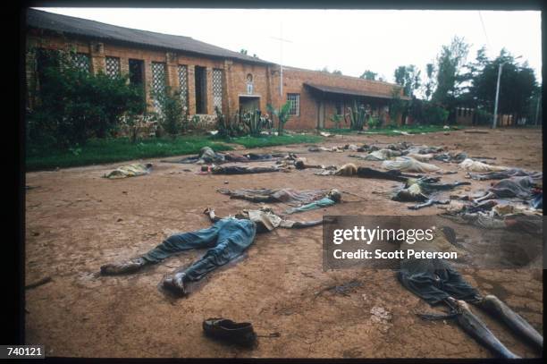 Skeletal remains are strewn on the grounds of the Catholic mission May 5, 1994 in Rukara, Rwanda. Hundreds of Tutsis were killed at the Rukara...