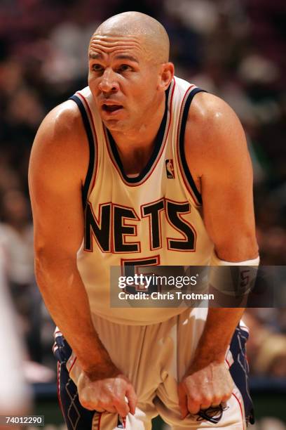 Jason Kidd of the New Jersey Nets looks on against the Toronto Raptors in Game Three of the Eastern Conference Quarterfinals during the 2007 NBA...