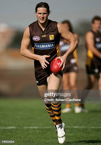 Trent Croad of the Hawks in action during the Hawthorn Hawks AFL team BBQ breakfast and training session at Waverley Park April 28, 2007 in...