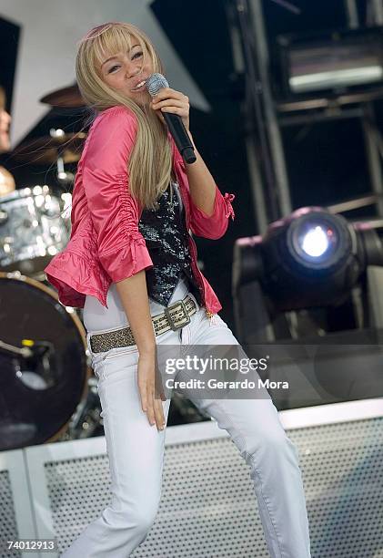 Hannah Montana star Miley Cyrus performs during the Disney Channel Games 2007 Concert at The Ballpark at Disney's Wide World of Sports Complex on...