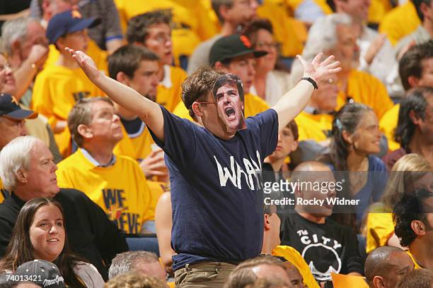 Fan dressed like Mark Cuban owner of the Dallas Mavericks cheers the Golden State Warriors on in Game Three of the 2007 NBA Finals on April 27, 2007...