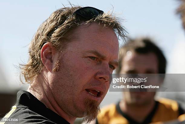 Werribee coach Simon Atkins talks to his players at the break during the round four VFL match between the Northern Bullants and Werribee at Preston...