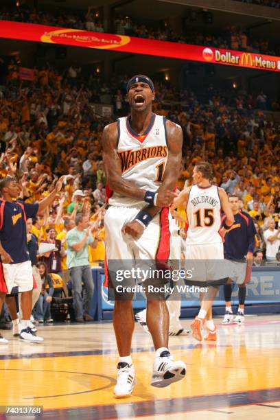 Stephen Jackson of the Golden State Warriors celebrates a great play against the Dallas Mavericks in Game Three of the 2007 NBA Finals on April 27,...