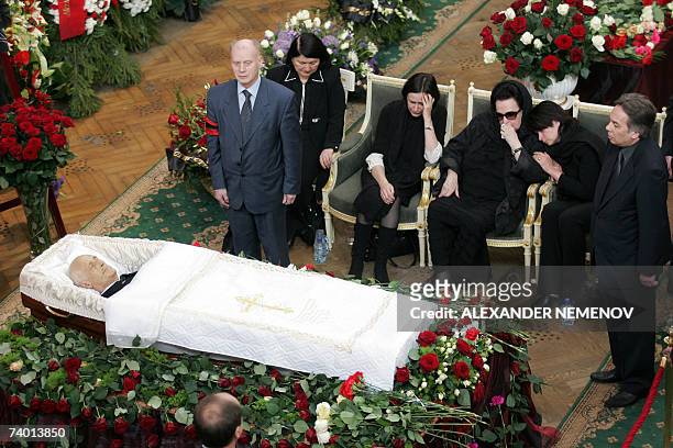 Moscow, RUSSIAN FEDERATION: Galina Vishnevskaya , the widow and daughters Yelena and Olga sit near a coffin of Mstislav Rostropovich, the legendary...